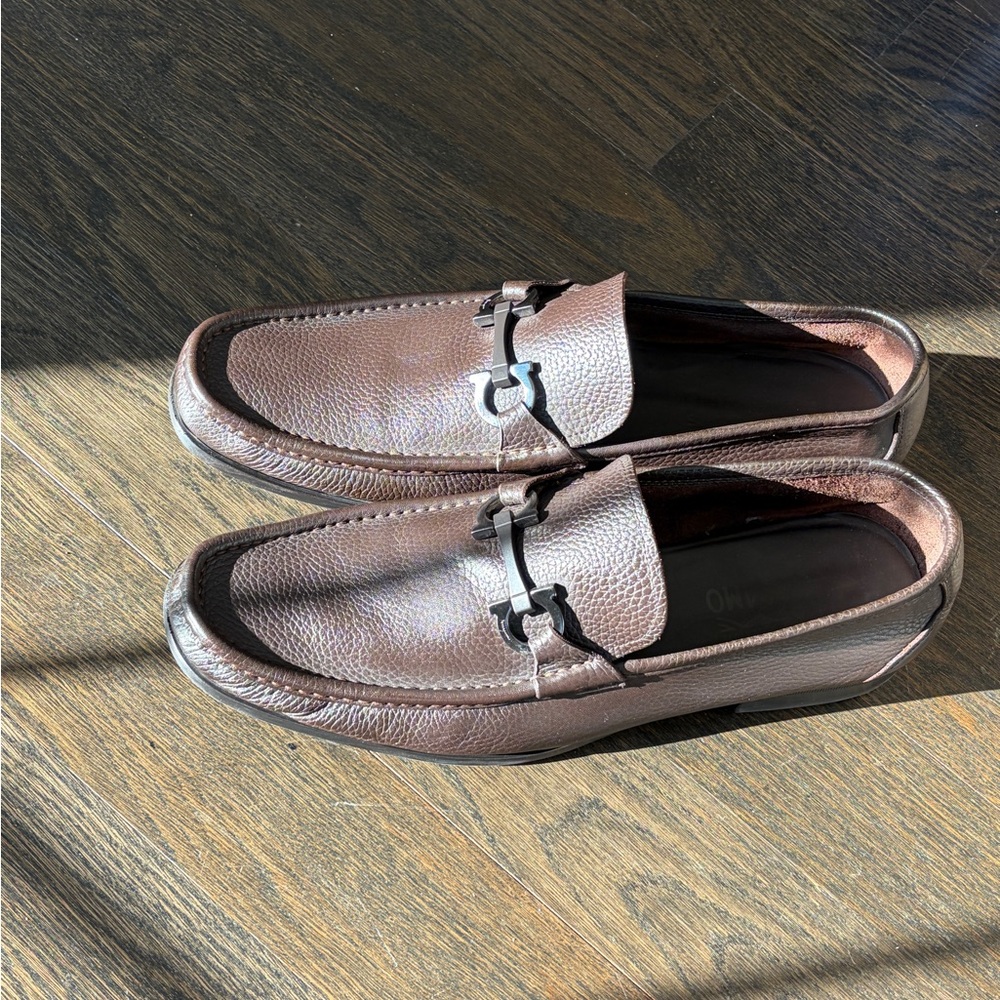 Men's Ferragamo Grandioso Pebble Leather Leather Bit Loafers, Brown 12 EE - Picture 6 of 8